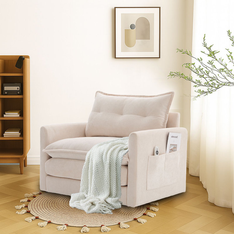 Fauteuil d'appoint pivotant à 360 ° avec poche latérale et base en métal robuste, Beige