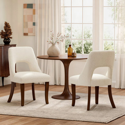 Set of 2 Modern Upholstered Dining Chairs — Beige Chenille Fabric with Curved Solid Wood Legs & Elegant Tufted Back