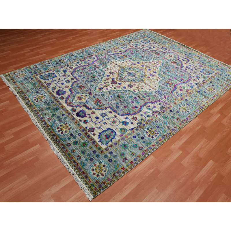 Tapis vert / blanc noué à la main de conception unique 8 pi 8 po x 12 pi nouvel âge Valry