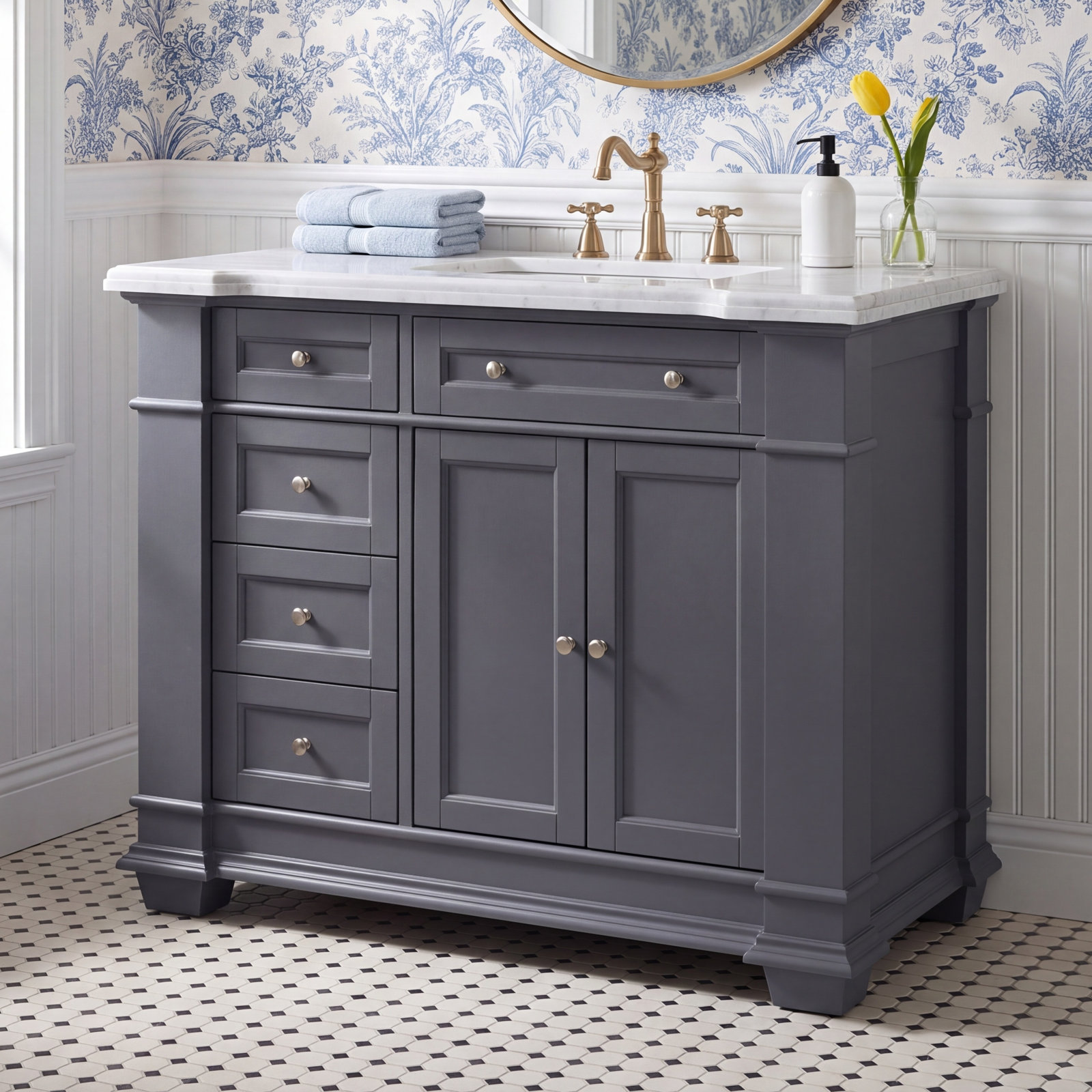 Rea 42" Carrara Marble Single Bathroom Vanity, Gray