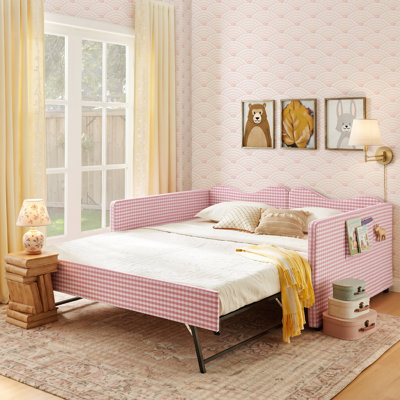 Full Upholstered Daybed with Pull-Out Trundle Bed and Side Storage Pocket, Gingham Fabric Sofa Bed Frame
