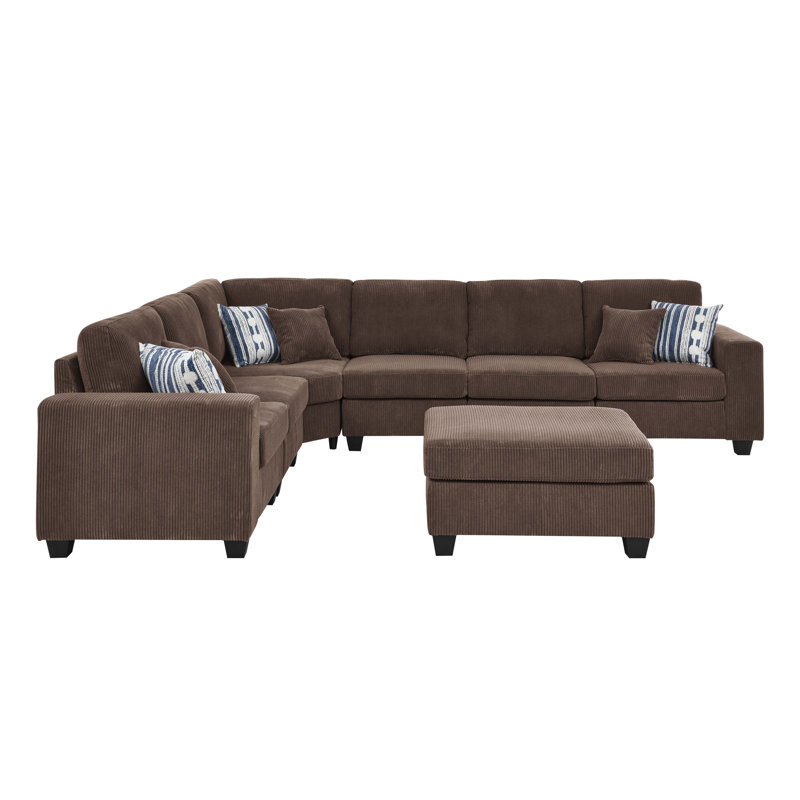 Erstonia Sectional With Ottoman, Dark Brown Corduroy