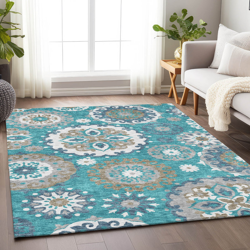 Tapis bleu sarcelle lavable à la machine Premium Prisco, Rectangle 5 pi x 7 pi 6 po