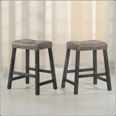 Set of 2 Rustic Farmhouse Counter Stools,  Backless Wooden Barstools with Faux Leather Seat, Distressed Finish Space-Saving Design