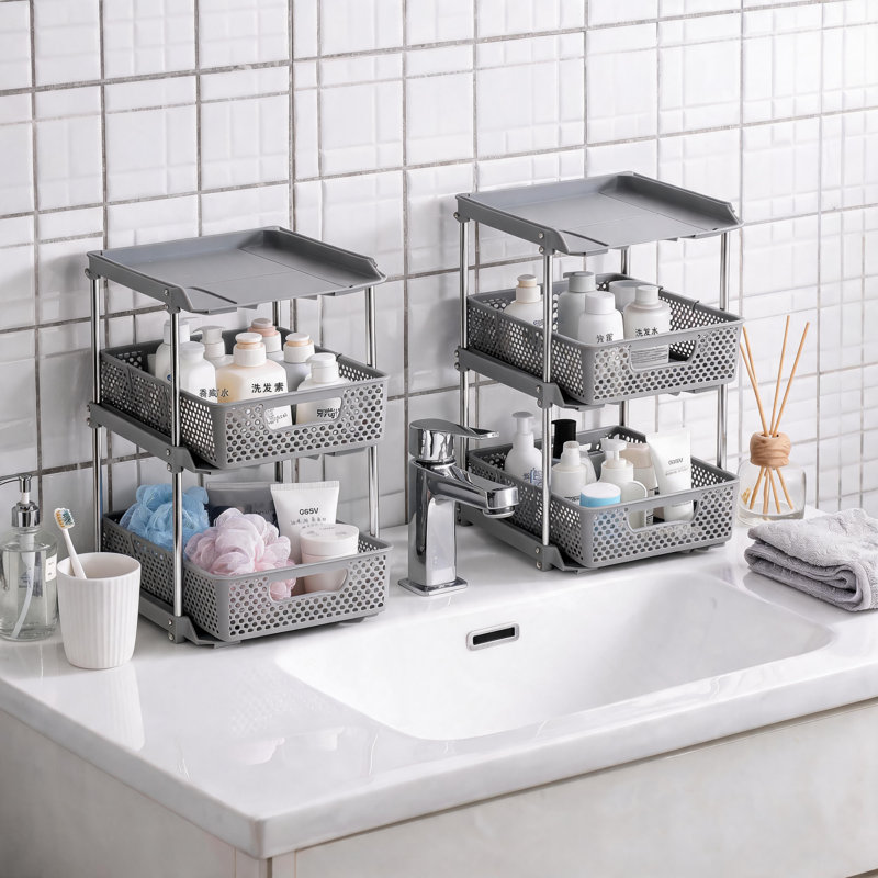 Grey pull-out three-tier storage rack (two-piece set) - Kitchen and bathroom sink cabinet under-cabinet storage unit