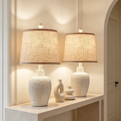 Farmhouse Table Lamps Set Of 2, Rustic Jar-Shaped Bedside Lamps For Bedroom Nightstand Or Living Room, Natural Beige Finish With Linen Shade, Bulbs Not Included