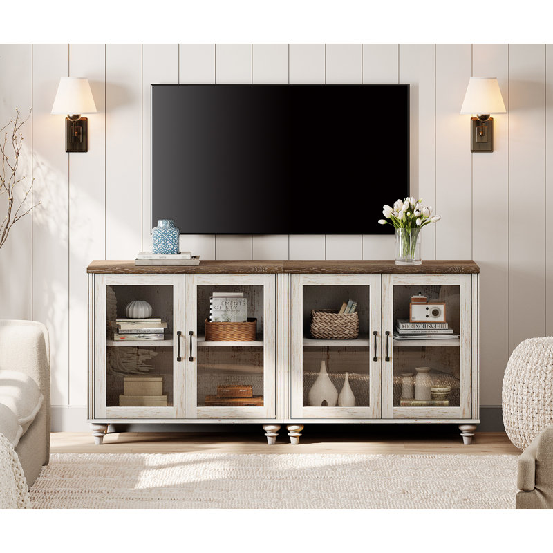 75" Mid-Century Modern TV Stand, Wooden Console Table With Storage Cabinet For Living Room & Bedroom, Kitchen Sideboard Buffet With Glass Doors For Dining Room, Rustic White