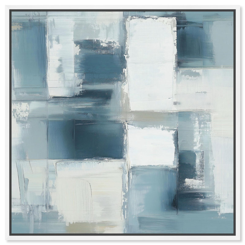 Art abstrait bleu déconstruit par I , H 13 po x l 13 po, Cadre flottant blanc