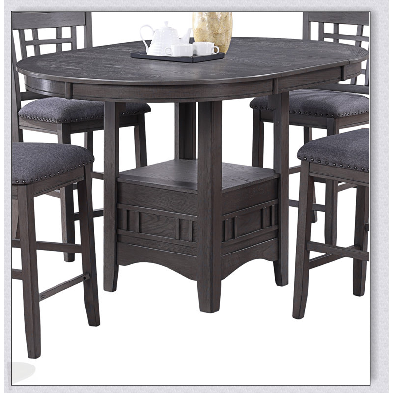 Round Counter Height Dining Table With Built-In Leaf And Lower Shelf, Solid Wood Construction, Gray Finish