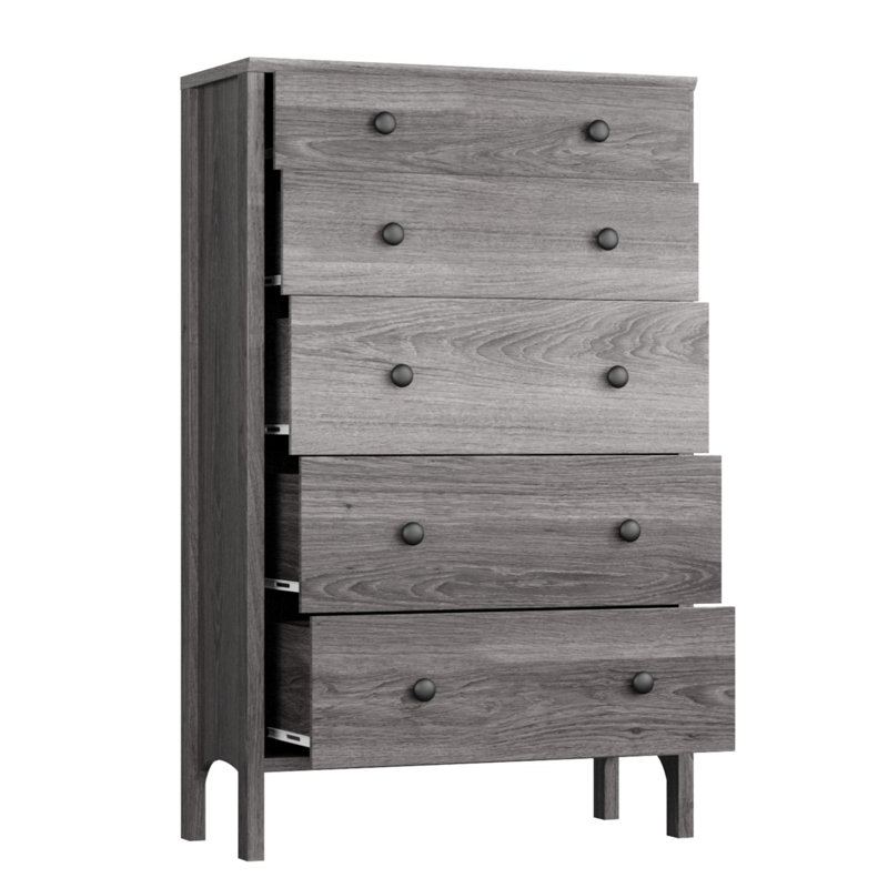 Commode haute 5 tiroirs style Shaker, Grain de bois gris