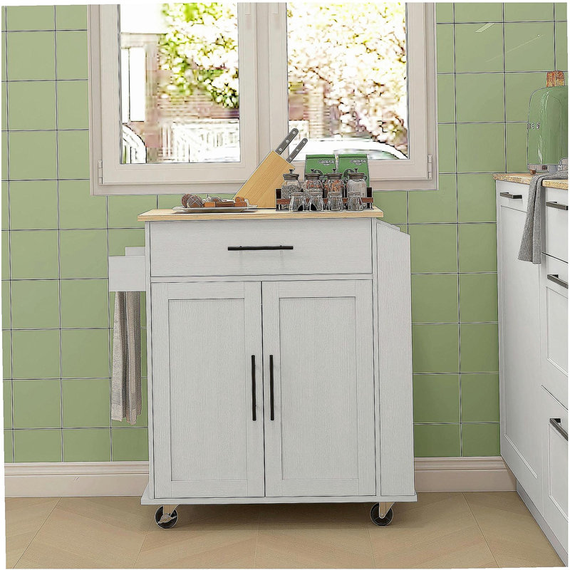 Kitchen Island with Storage Space, Rolling Kitchen Cart with Power Outlets and USB Ports, Microwave Rack with Towel and Spice Rack, White