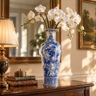 Vase de plancher en porcelaine bleue et blanche fait à la main avec motif de grenades et de fleurs, hauteur de 20 pouces, pièce maîtresse de style Jingdezhen pour le salon et l'entrée