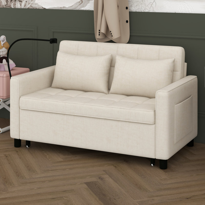 Canapé-lit coulissant avec dossier réversible, poches latérales et deux coussins décoratifs, causeuse en chenille avec ports USB et support pour téléphone