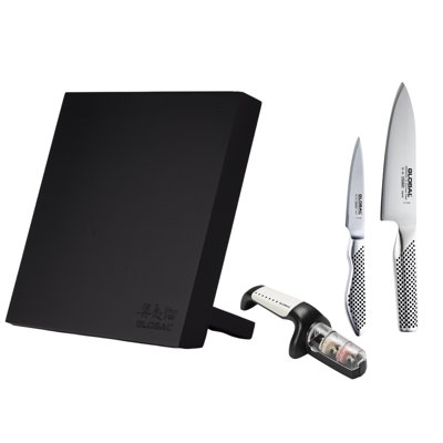 Global Classic Magnetic Easel 3 Piece Knife Set With Sharpener - Bamboo