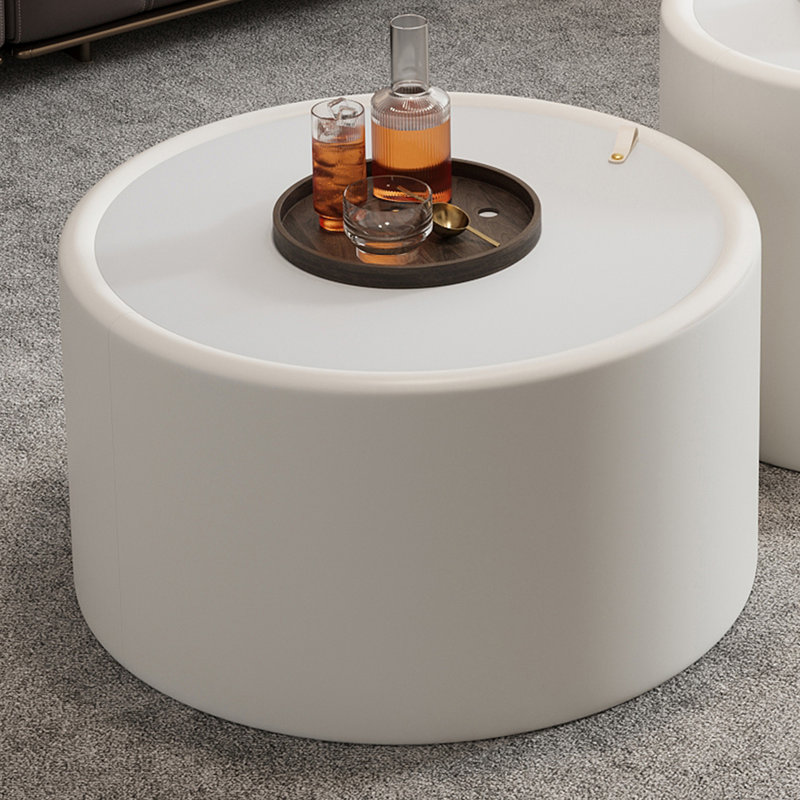 Table basse ronde blanche avec plateau en verre trempé, corps en cuir PU et rangement caché pour le salon, table d'appoint moderne