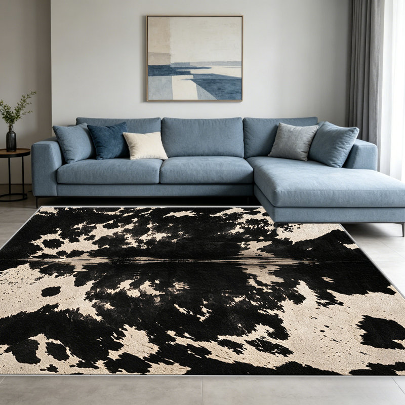 Black Cowhide Texture area rugs for Living Room, Soft and Comfortable, Suitable for all seasons, easy to maintain, machine washable Indoor floor mat, Under Table Farmhouse suitable for Bedroom, Dining Room, Study, Patio, Balcony, Home Decor