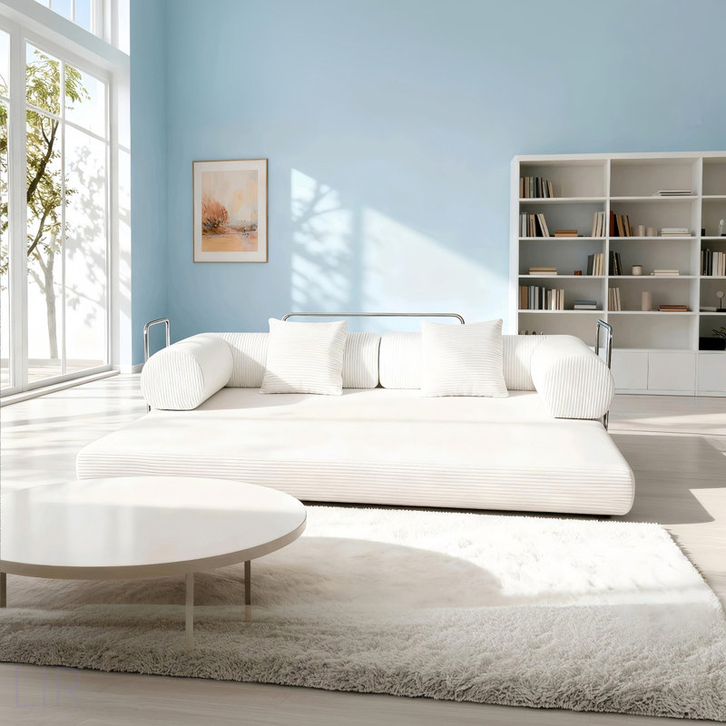 Canapé modulaire rembourré de couleur crème, parfait pour les pièces compactes et les espaces de vie modernes.