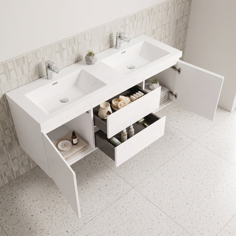 Meuble-lavabo suspendu de 60 po en mélamine de bois avec 2 lavabos intégrés en résine, armoire de salle de bain blanche avec tiroirs et armoires à fermeture douce et poignées supprimées