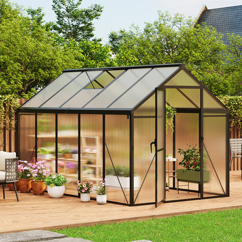 6×8 ft or 6×10 ft Walk-In Greenhouse with Polycarbonate Panels and Aluminum Frame, Outdoor Garden Planting Greenhouse with Roof Vent
