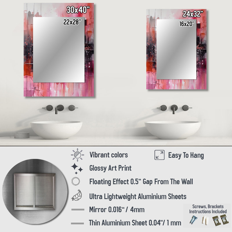 Modernist Expressions III - miroir mural moderne unique Mid-Century, miroir rose, impression d'art en métal, 32" x 24"
