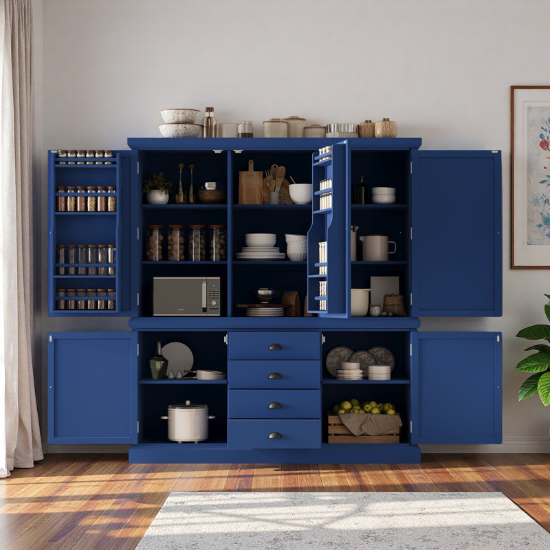 Garde-manger autoportant en bois avec armoires, tablettes de porte, tablettes réglables et tiroirs, Bleu