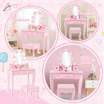 Meuble-lavabo pour enfants avec miroir et tabouret - Meuble-lavabo pour filles avec lumière et maquillage