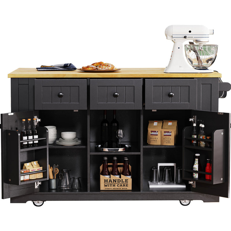 Kitchen Island With 53Inch Width, Door Storage, 2 Ports, Black For Dining Room Use Adjustable Shelves, Power Outlet, Side Open