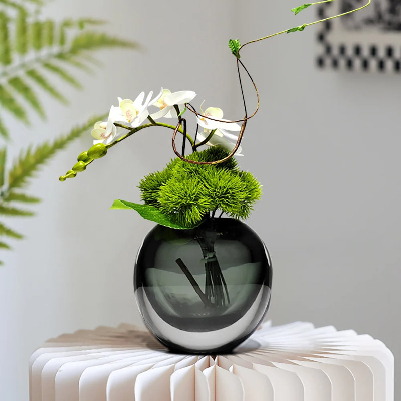 Dainara Artificial Flower Arrangement in Glass Vase, 6.7" H x 10.2" W x 17.7" D, Green
