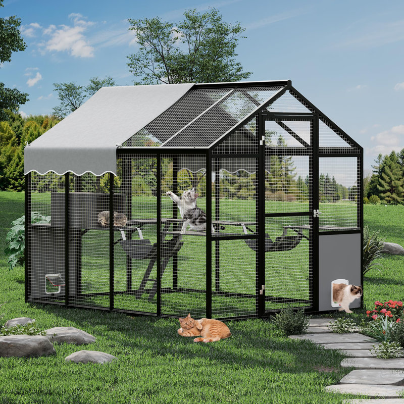  Grande cage extérieure pour chats multiples - Catio résistant aux intempéries avec couvercle UV, plateforme et porte latérale