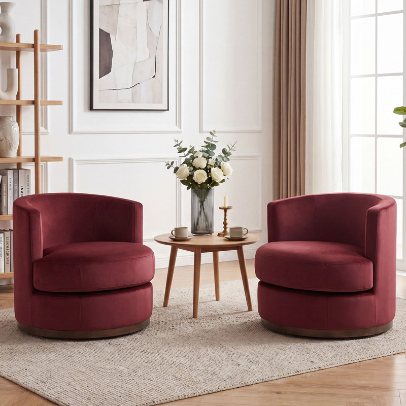 Fauteuil demi-tonneau pivotant en bois massif (ensemble de 2), Rose rouge