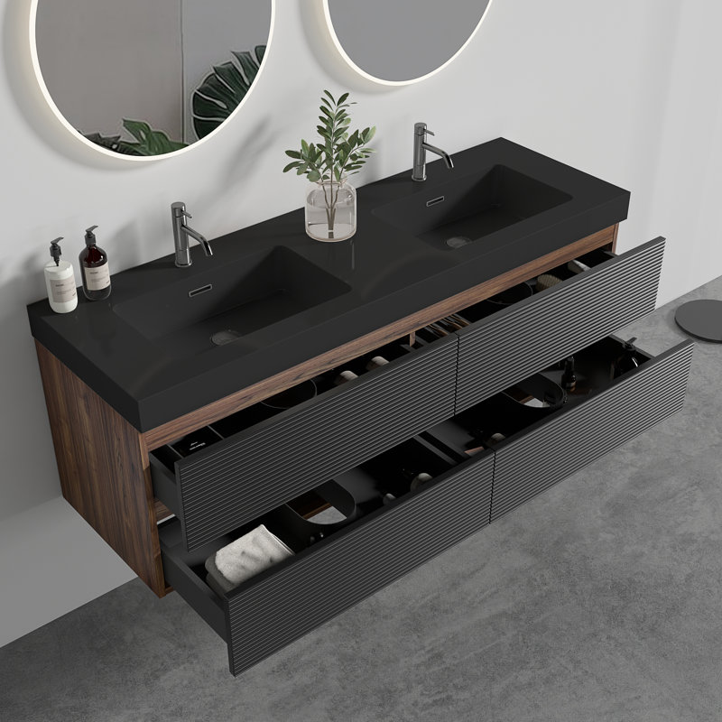 Meuble-lavabo de 60 po en noyer Grace avec lavabo en quartz noir mat et tiroirs noirs doux, Noir, Noir