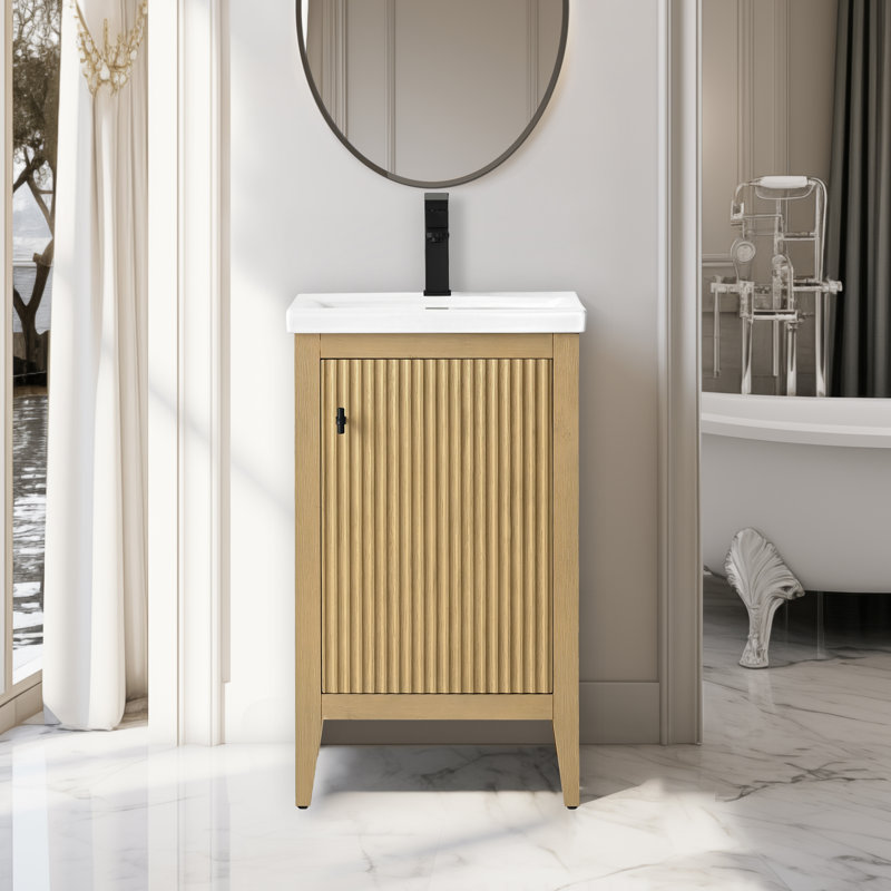 Meuble-lavabo sur pied à simple cuve 20 po avec plateau en céramique blanche, Chêne linéaire linéaire, Noir mat, 20"