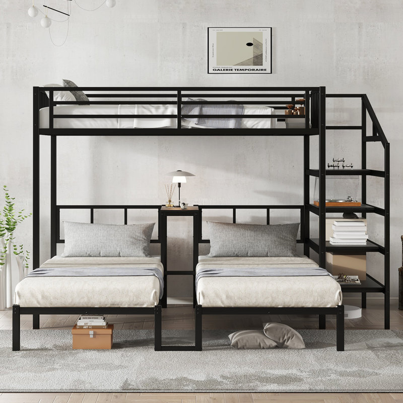 Lit superposé triple en métal avec bureau et tablettes, conception peu encombrante