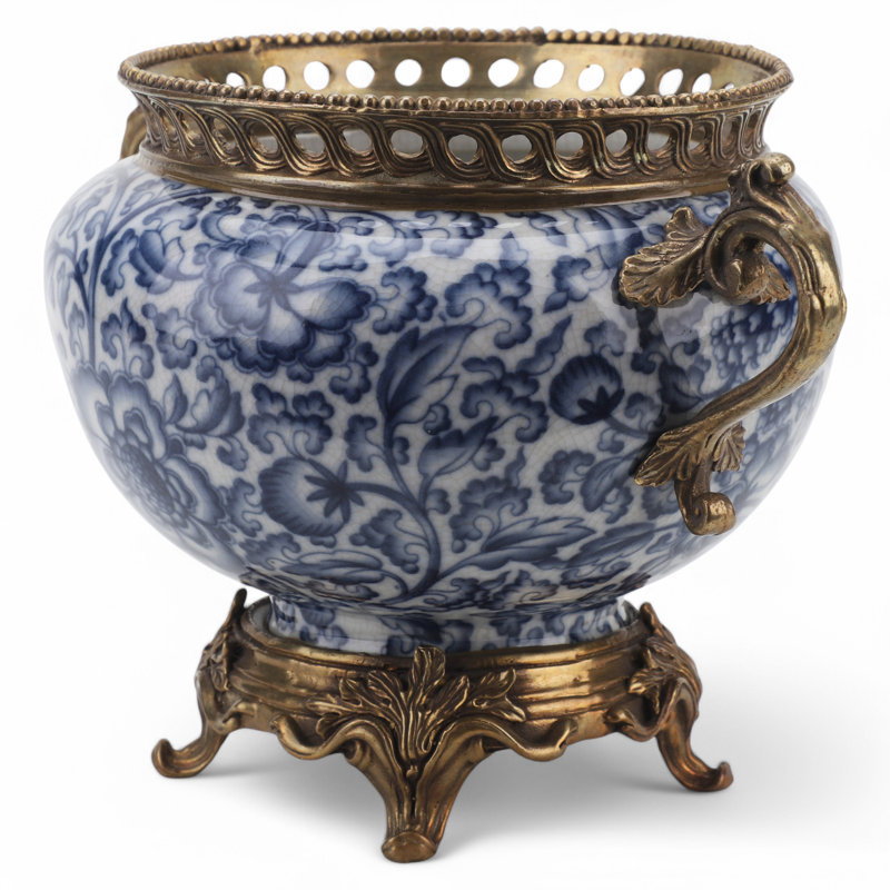 Porcelain Planter With Bronze Ormolu Blue And White Floral