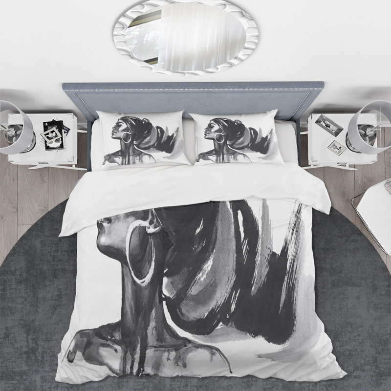 Portrait monochrome d'une femme afro-américaine IV - Ensemble de housse de couette moderne - Microfibre de polyester