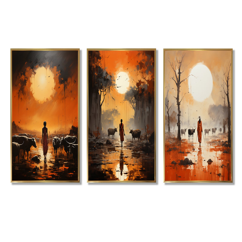 Ensemble de 3 reproductions de toiles tribales d'Afrique Dinka, Cadre flottant doré, H 28 po x l 36 po