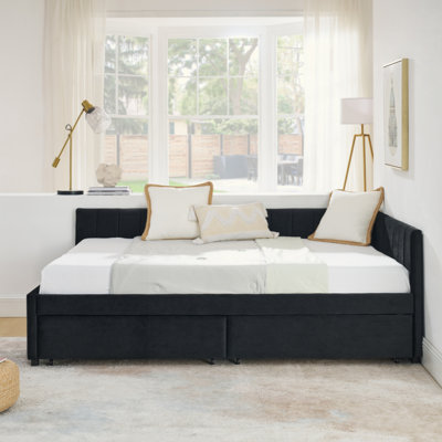 Upholstered Tufted Bed Frame With Two Drawers, Sofa Bed Frame With Comfortable Backrest And Armrests, Velvet