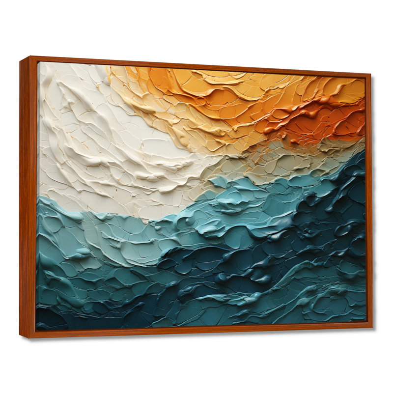 Collage bleu sarcelle orange océan Essence, H 12 po x l 20 po x P 1 po, Cadre flottant brun