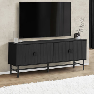 Tv Stand, 60 Inch, Console, Media Entertainment Center, Storage Cabinet, Living Room, Bedroom, Black And White Laminate, Black Metal, Contemporary, Mo