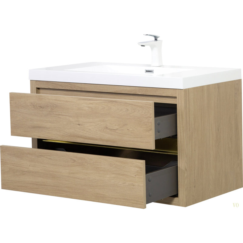 Meuble-lavabo mural 36 po avec lavabo, meuble de rangement flottant pour salle de bain avec comptoir en résine de pierre et tiroirs à fermeture en douceur