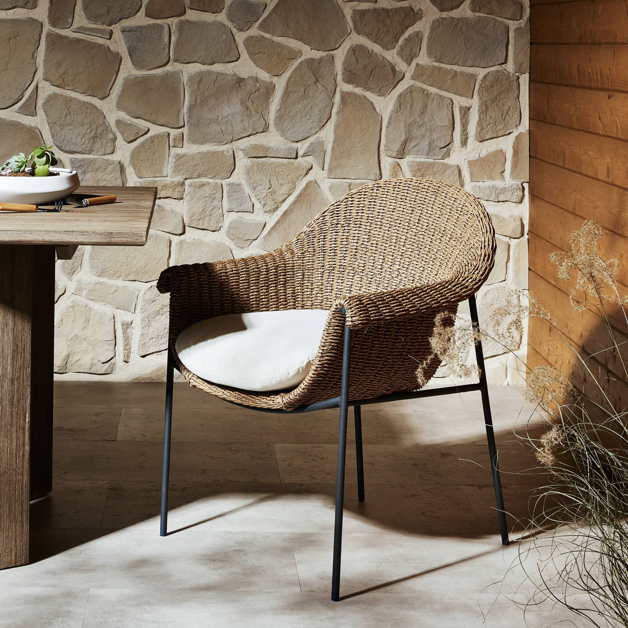 Nabia Premium All-Weather Wicker Outdoor Dining Armchair with Cushion, Cream