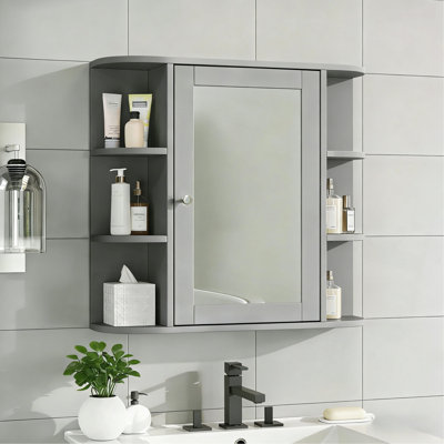 Armoire de rangement murale de salle de bain avec miroir, armoire à pharmacie avec tablette et portes réglables en bois, armoires de rangement montées avec 6 tablettes ouvertes