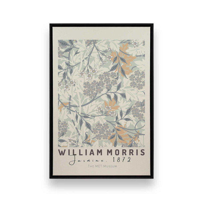 «Beige Jasmine» par William Morris, reproduction sur toile , H 12,75 po x l 8,75 po x P 1,75 po, Cadre flottant noir satiné