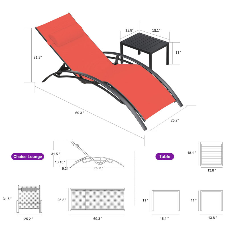 Outdoor Rust-Resistant Metal Chaise Lounge with Table, Terra