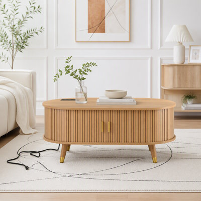 Wooden Oval Fluted Coffee Table with Charging Station