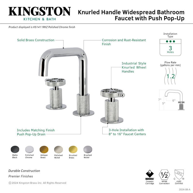 Kingston Brass Wendell Two-Handle 3-Hole Deck Mount Widespread Bathroom Faucet with Knurled Handle and Push Pop-Up Drain