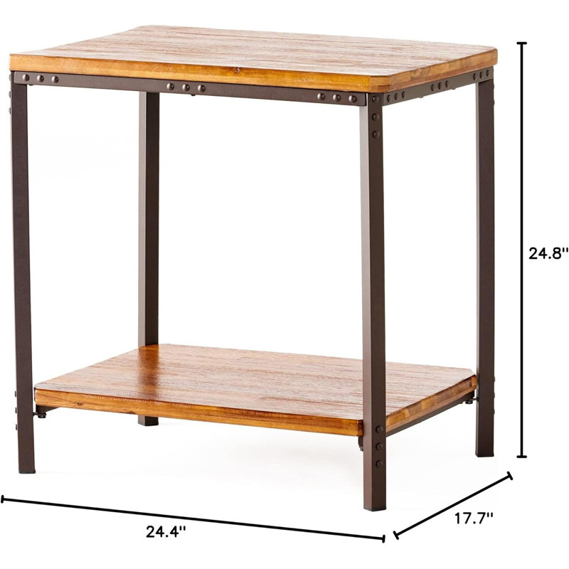 Rustic Metal And Hardwood End Table With Bottom Shelf For Extra Storage, Easy Assembly, Neutral Design