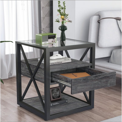 Ensemble de 2 tables de bout modernes avec tiroir - table de chevet pour chambre à coucher et salon, panneau de fibres à densité moyenne en bois rustique et plateau en verre trempé, table d'appoint de style industriel