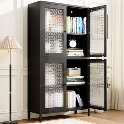 Armoire à 4 tablettes avec portes en verre trempé pour rangement de rangement en métal fleur - 4 tablettes pour la maison, le bureau et la cuisine, finition noire