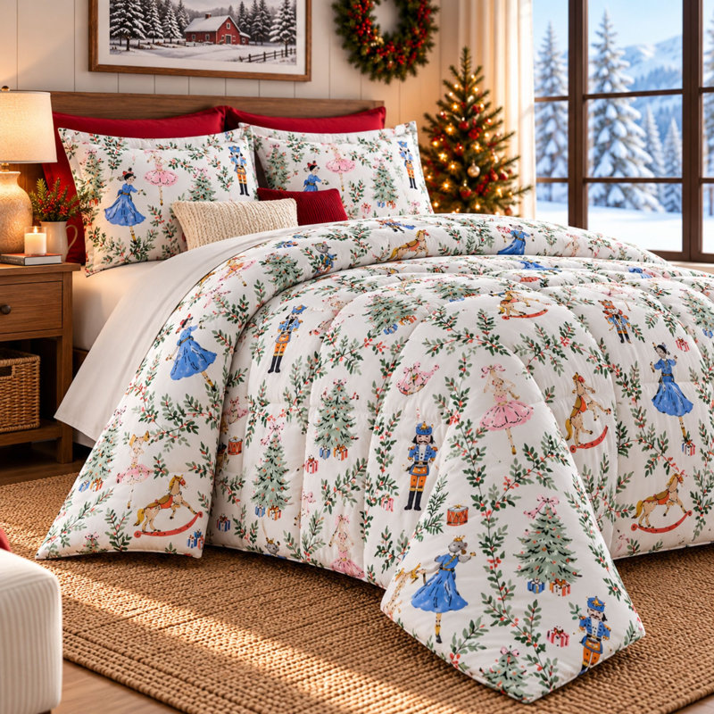 Christmas Down Alternative Comforter and Sham Set, Queen Comforter + 2 Standard Shams, Nutcracker
